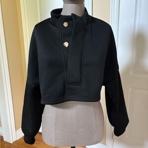 Black Cropped Sweatshirt with Button Detail
